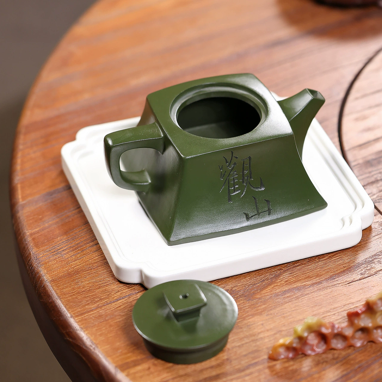 Raw Green Clay Semi Handmade Square Zisha Teapot - Image 3