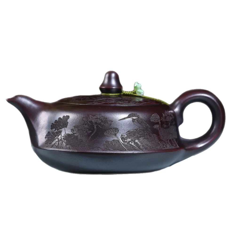 Handmade Zisha teapot Curved Shape with Engraved Lotus Pattern