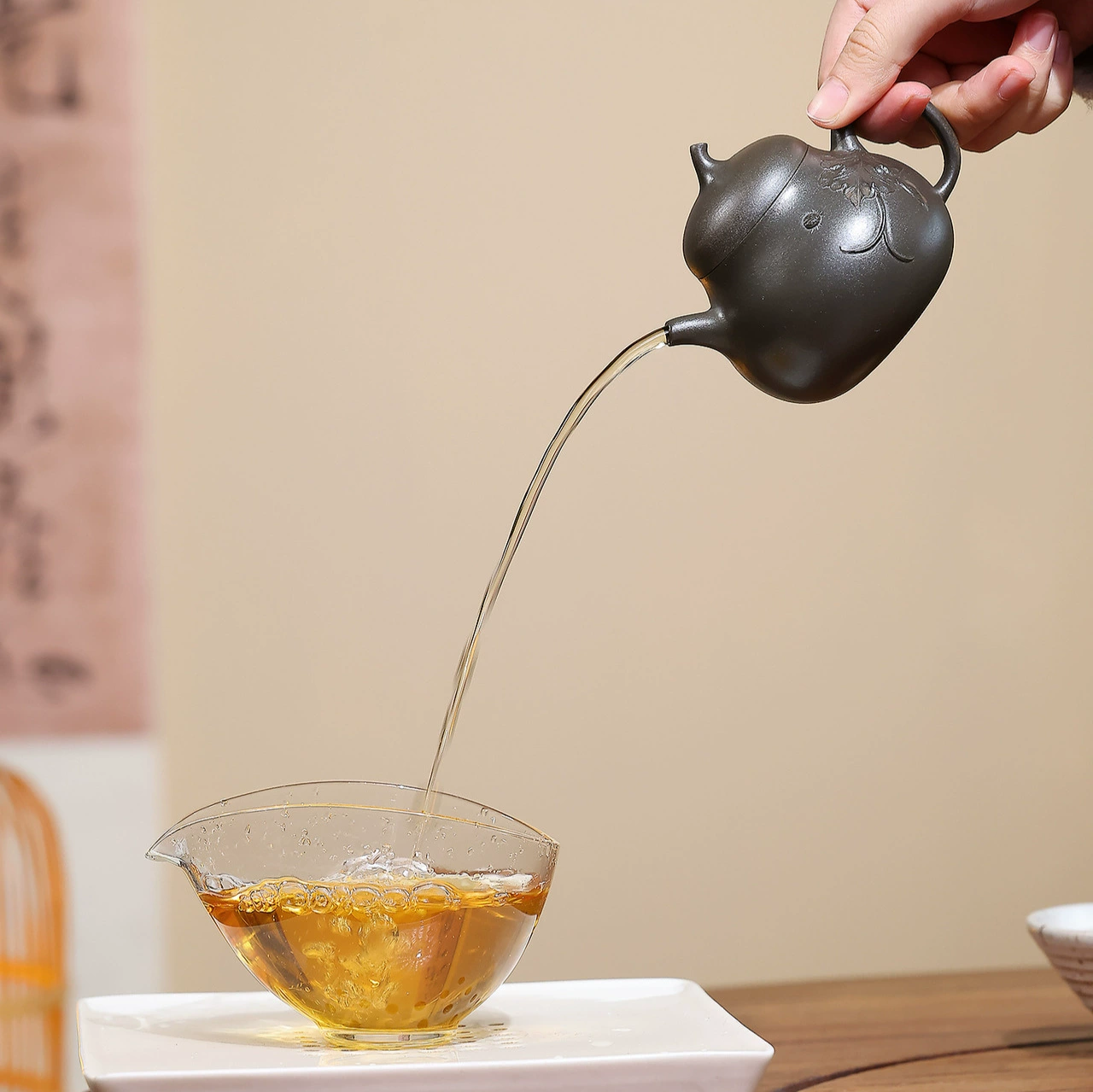 Handmade Wood Fired Clay Teapot Maple Leaf Eggplant Design - Image 2