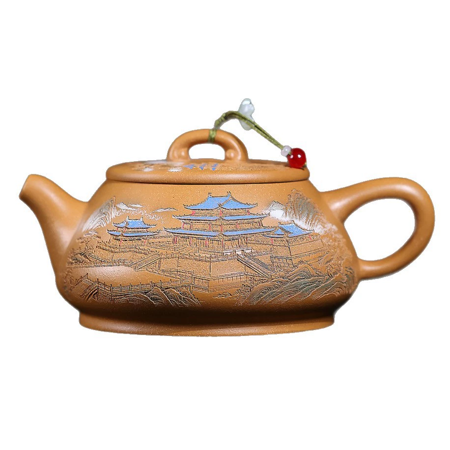 Handmade Shipiao Clay teapot with Engraved Pavilion Landscape for Gongfu Tea