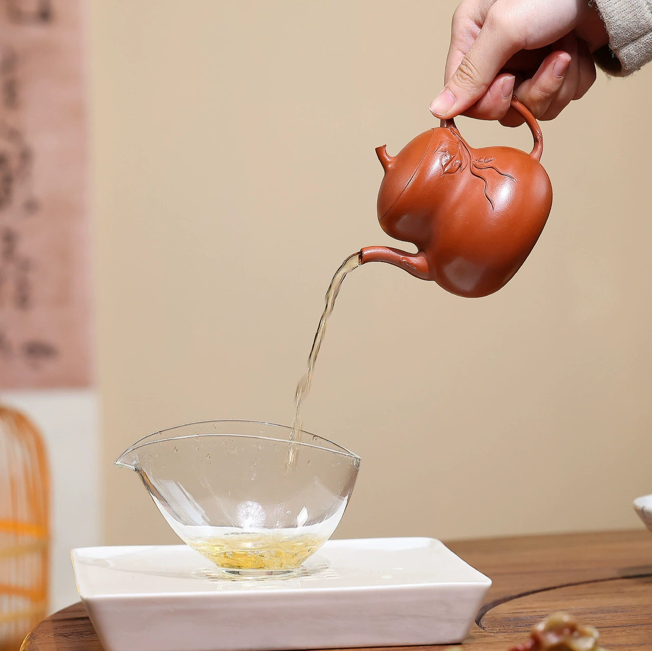 Clay teapot Semi Handmade Bamboo Leaf Gourd Style - Image 2