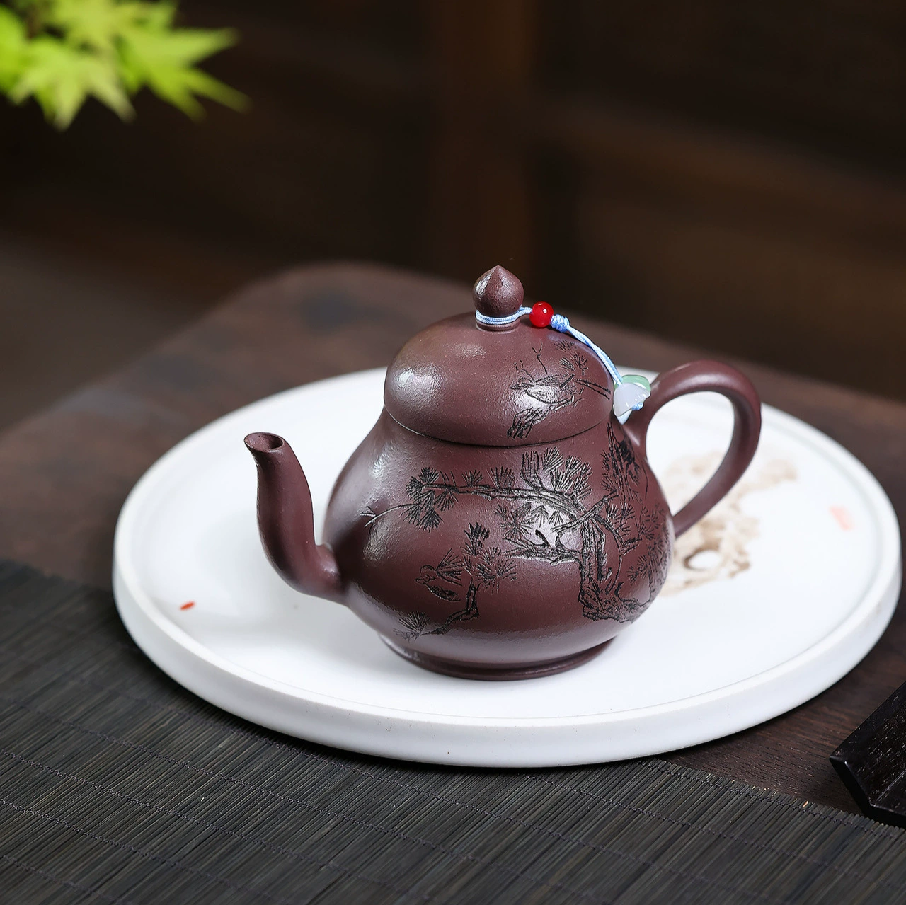 Handcrafted Pine Engraved Siting Clay teapot - Image 4