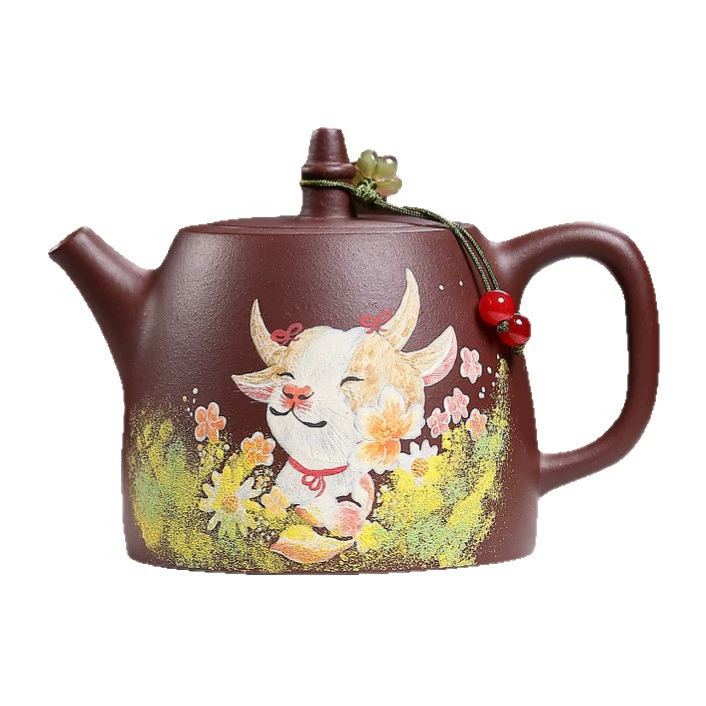 Semi-handmade Zisha Teapot Mud Painted Handuo Shape