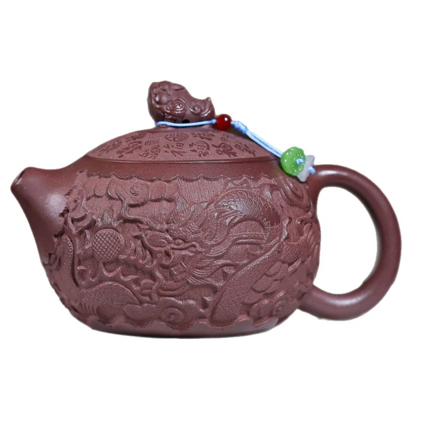 Zisha teapot Handmade Xishi Style with Relief Dragon Carving