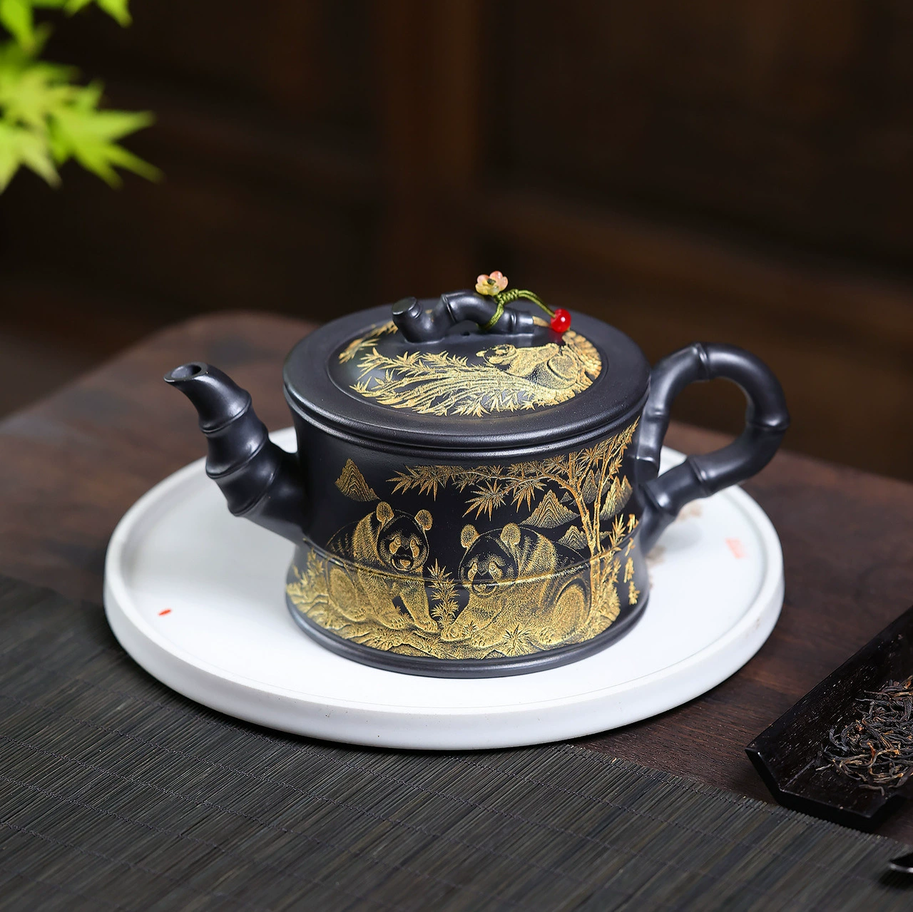 Hand-carved Zisha Teapot with Bamboo and Panda Engravings for Gongfu Tea - Image 4