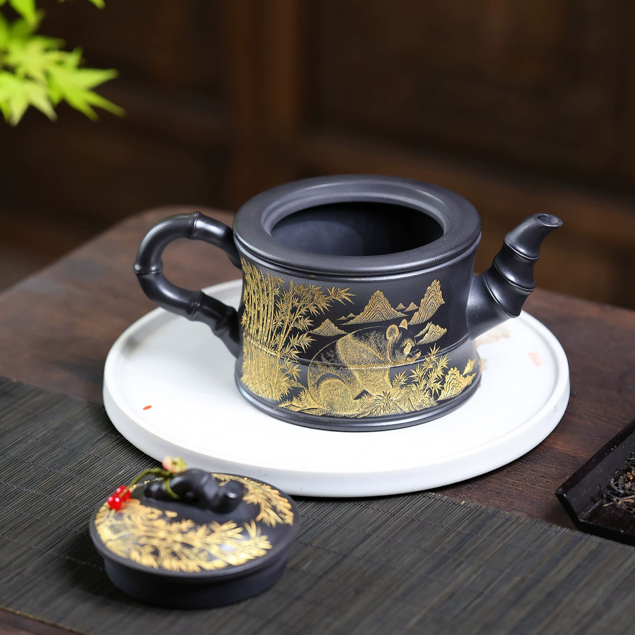 Hand-carved Zisha Teapot with Bamboo and Panda Engravings for Gongfu Tea - Image 3