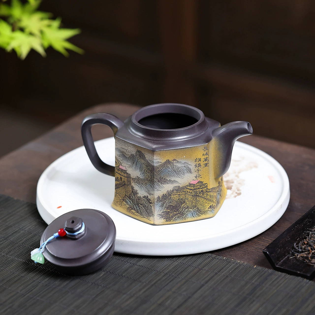 Gongfu Tea Handcrafted Jin Zhong Zisha Teapot Featuring Color Landscape Carvings - Image 3