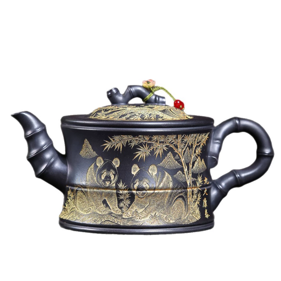 Hand-carved Zisha Teapot with Bamboo and Panda Engravings for Gongfu Tea