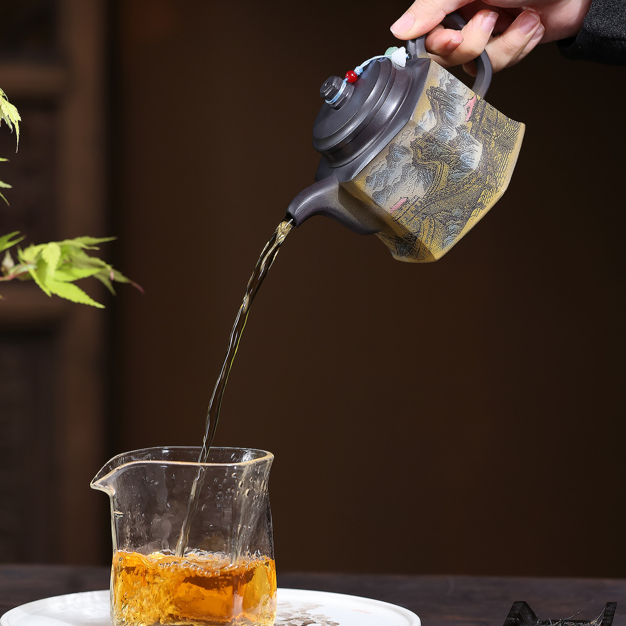 Gongfu Tea Handcrafted Jin Zhong Zisha Teapot Featuring Color Landscape Carvings - Image 2