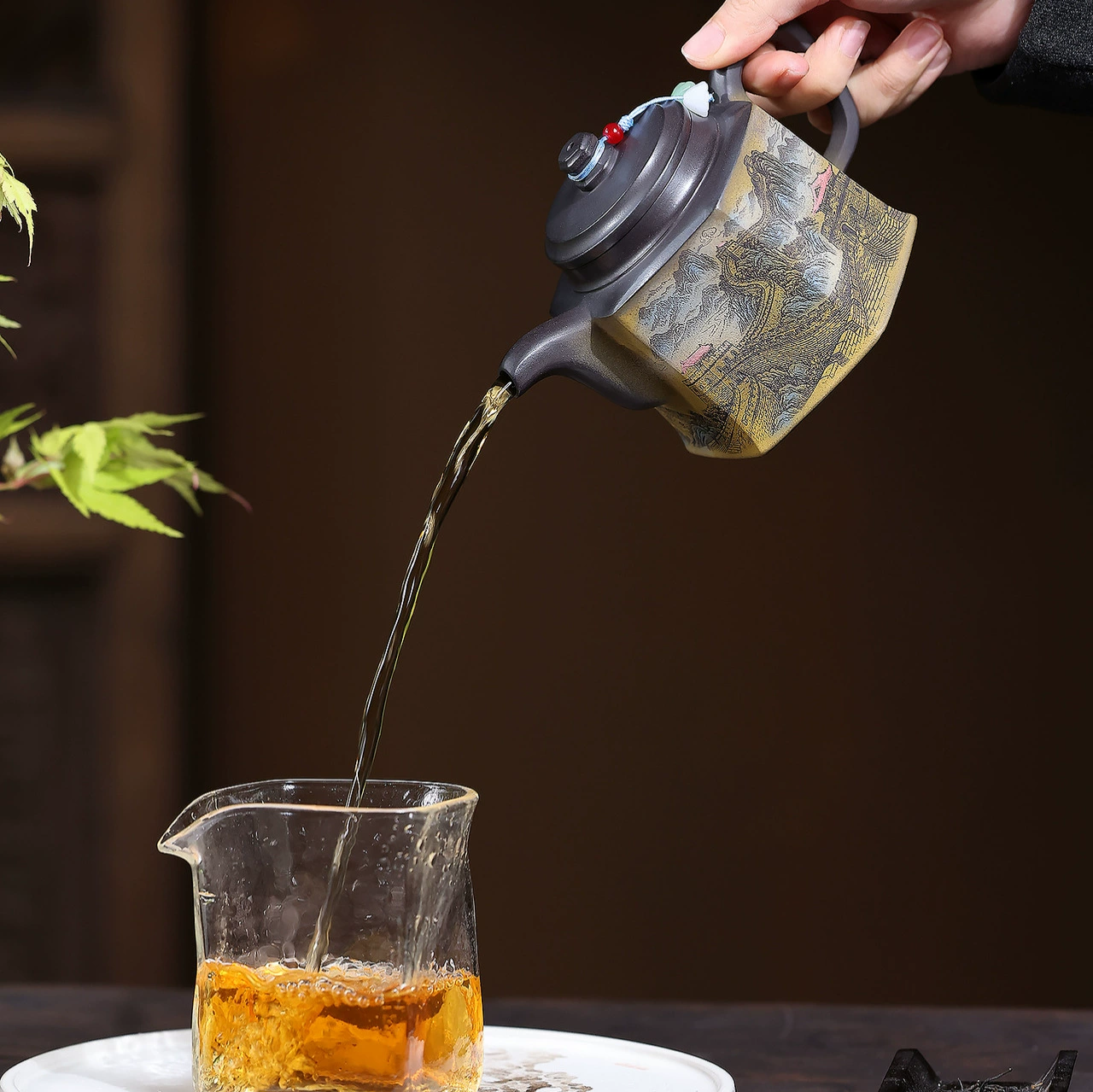 Gongfu Tea Handcrafted Jin Zhong Zisha Teapot Featuring Color Landscape Carvings - Image 4