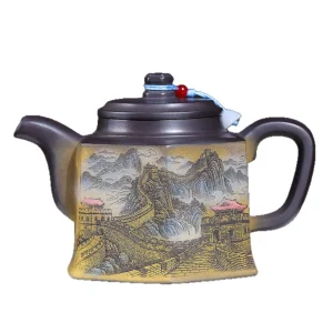 Gongfu Tea Handcrafted Jin Zhong Zisha Teapot Featuring Color Landscape Carvings