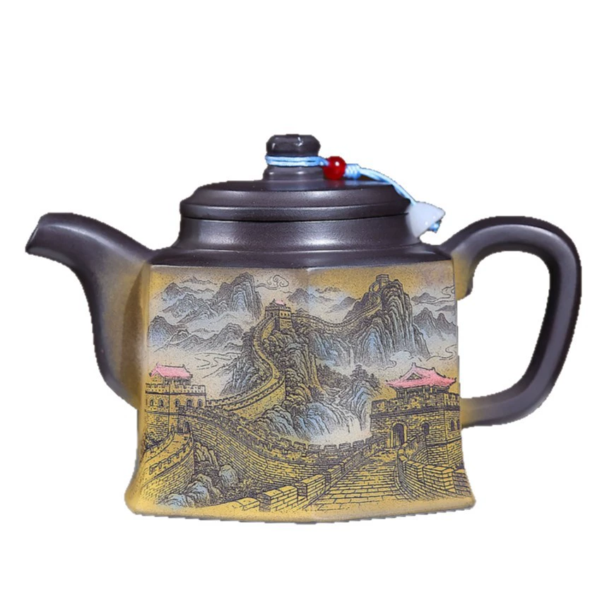 Gongfu Tea Handcrafted Jin Zhong Zisha Teapot Featuring Color Landscape Carvings