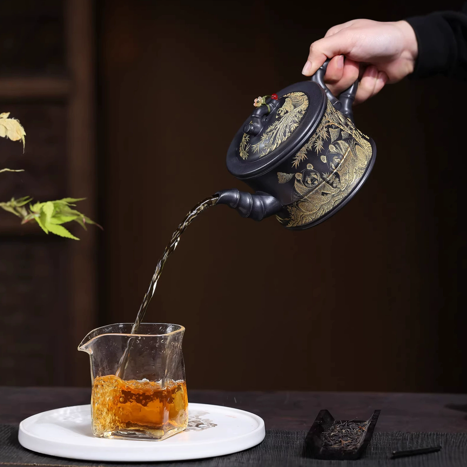 Hand-carved Zisha Teapot with Bamboo and Panda Engravings for Gongfu Tea - Image 2
